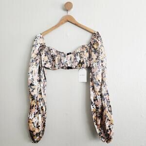 NEW Rumer The Label Paloma Floral Puff Long Sleeve Off-Shoulder Crop Top
